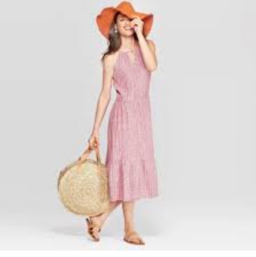 Universal thread red stripe linen blend midi dress